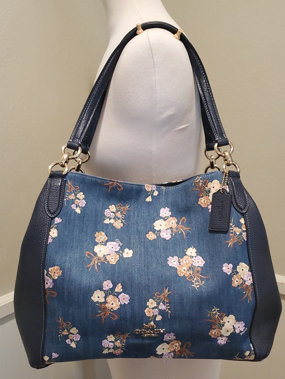 NEW Coach Denim Hallie Bag With Painted Floral